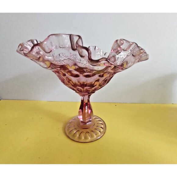 Fenton Peach Pink Glass Footed Bowl Double Ruffled Rim. 7" Tall 8" wide - Picture 10 of 15